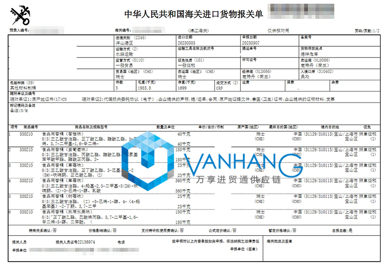 瑞士食用香精進口報關資料